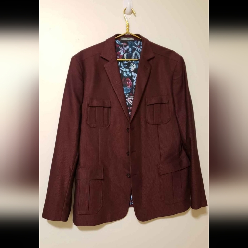 Burgundy Blazer with Floral Lining Paisley And Gray 44R